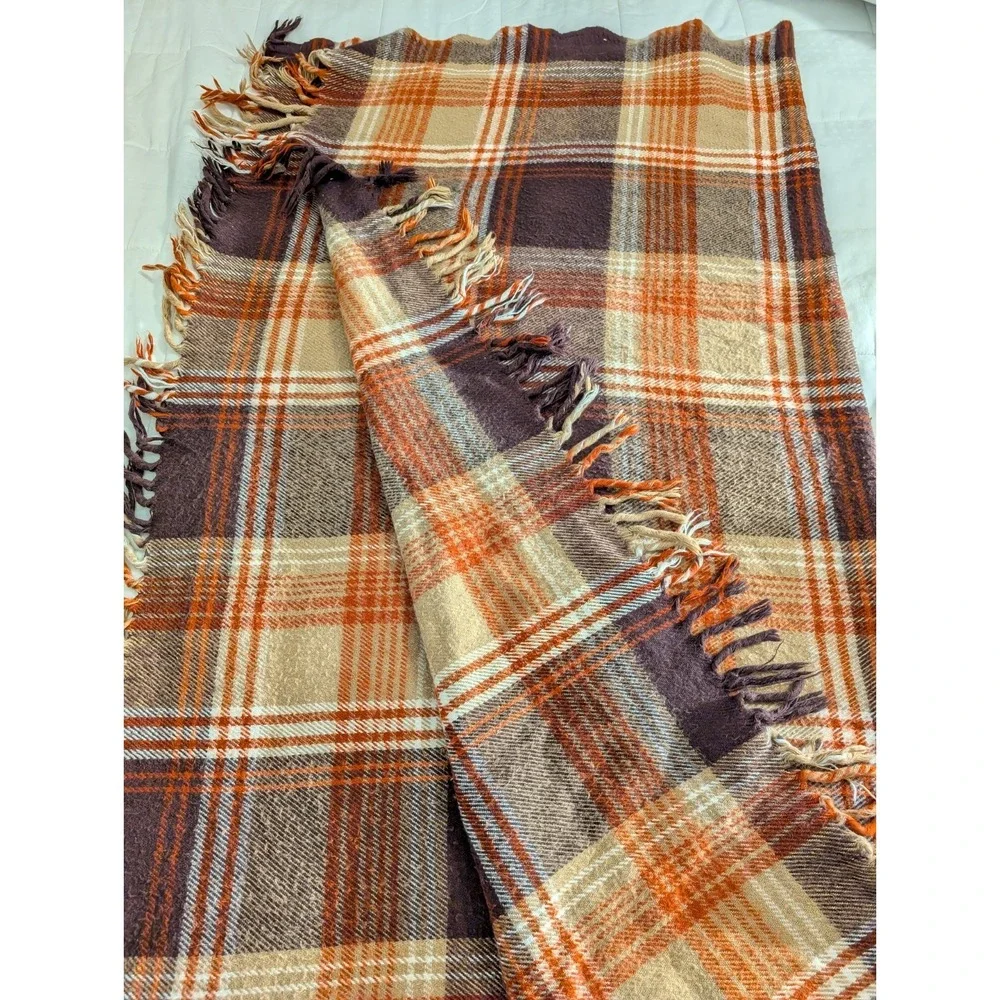 Faribo Plaid Tartan Throw‎ Blanket Fringe Brown Acrylic Made in USA Vintage
